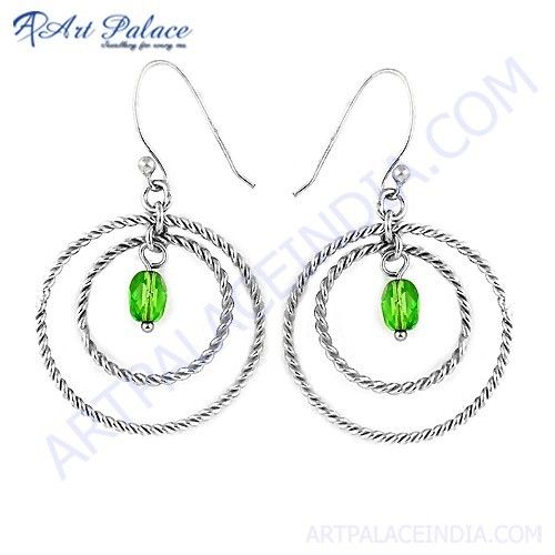 Spiral Design Green Glass Gemstone Silver Earrings