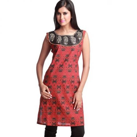 Latest Indian Kurtis - Cotton, Knee-Length, Red, Round Neckline | Stylish Design, Comfortable Fit, Elegant Look, Versatile Style, Unique Pattern, Sleeveless