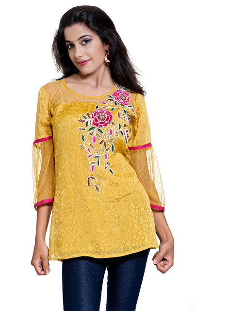 Indian Kurti Online - Silk, S-XL, Mustard Yellow | Floral Embroidery, Elegant Design, Comfortable Fit
