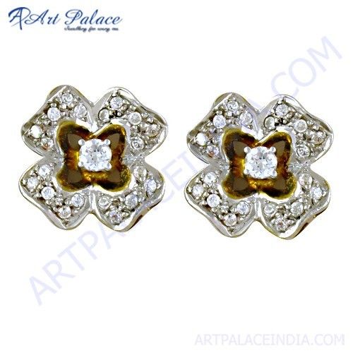 Graceful Cubic Zirconia Gemstone Silver Gold Plated Stud Earrings