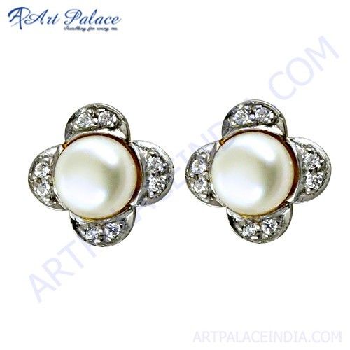 Glamours Cz & Pearl Gold Plated Silver Stud Earrings