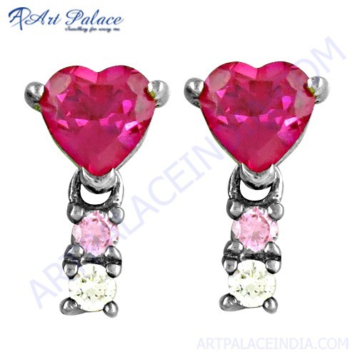 Romantic Pink, Red & White Cubic Zirconia Silver Earrings