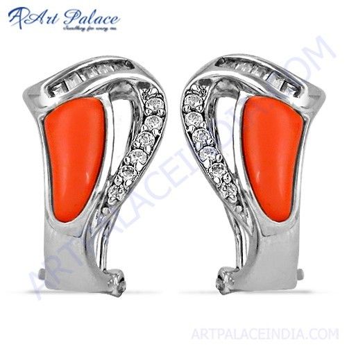 High Quality Coral & Cz Gemstone Silver Earrings