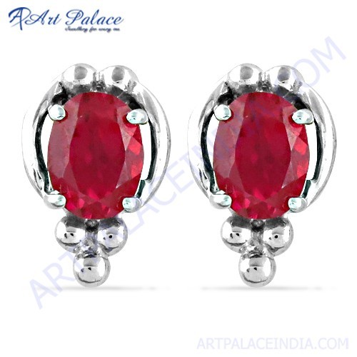 Hot Red Cubic Zirconia Gemstone Silver Earrings