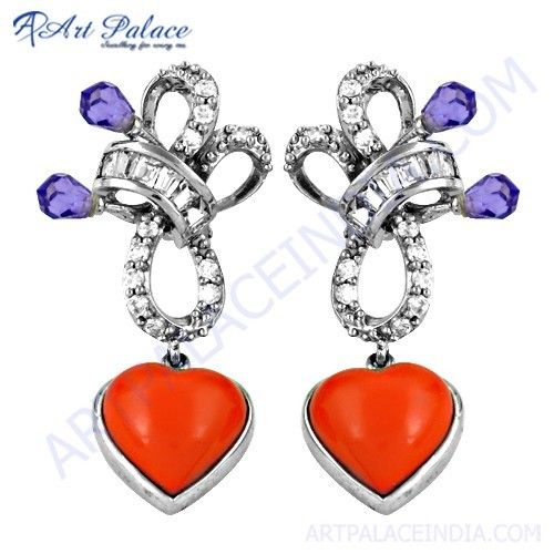 Attractive Heart Style Coral & Multi Color Cz Gemstone Silver Earrings