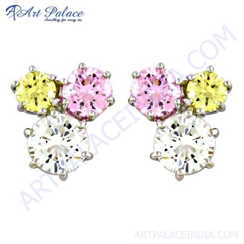 Charming Pink, Yellow & White Cubic Zirconia Silver Stud Earrings