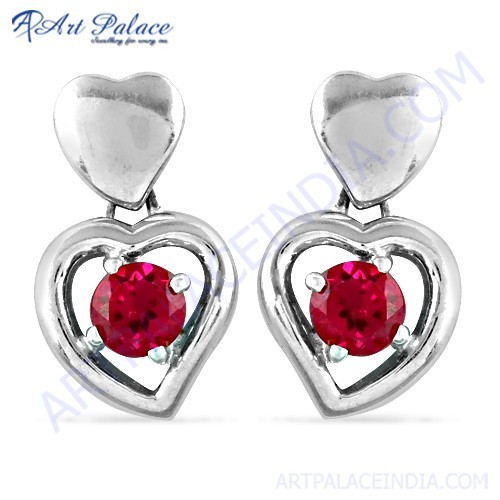 Hot Red CZ Silver Stud Earrings In Heart Style