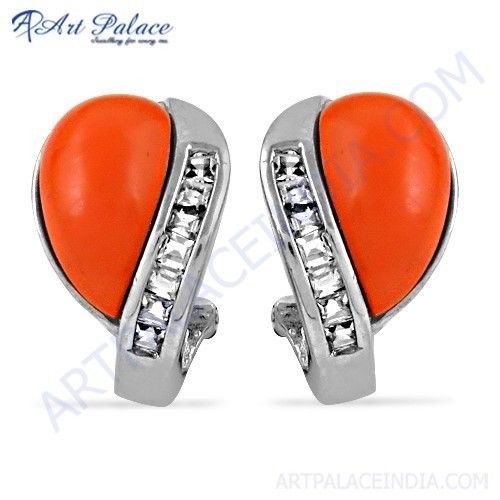 Excellent New Coral & Cubic Zirconia Gemstone Silver Earrings