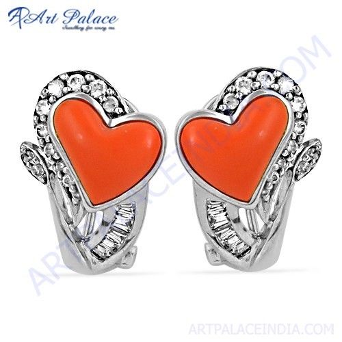 Unique Heart Style Coral & Cz Gemstone Silver Earrings