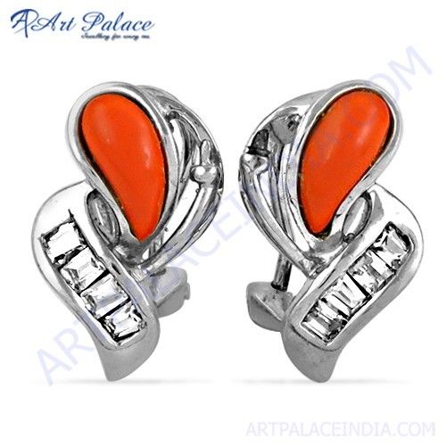 Most Fashionable Coral & Cubic Zirconia Gemstone Silver Earrings