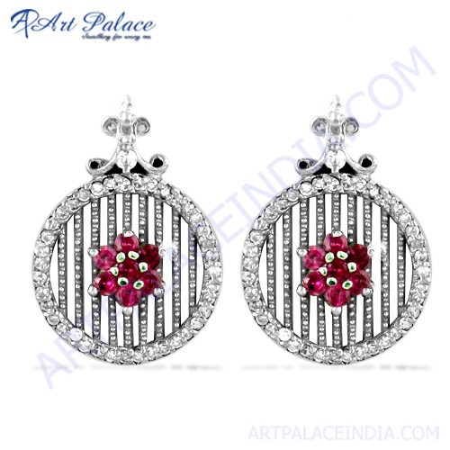 Fret Designer Pink & White Cubic Zirconia Gemstone Silver Earrings