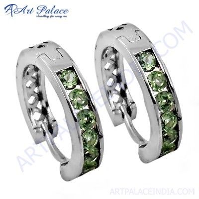 Charming Green Cubic Zirconia Gemstone Silver Hoop Earrings