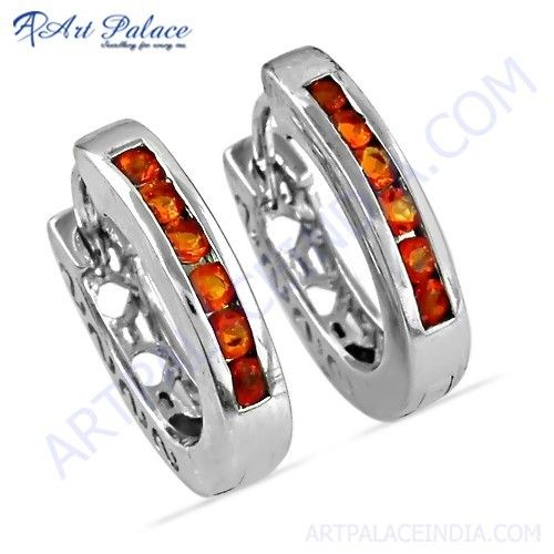 Royal Orange Cubic Zirconia Gemstone Silver Hoop Earrings