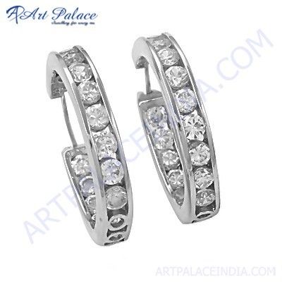 Dazzling Cubic Zirconia Gemstone Silver Hoop Earrings
