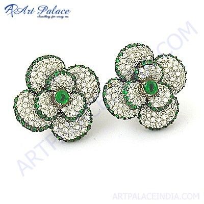 Cute Flower Style Green & White Cubic Zirconia Silver Stud Earringa