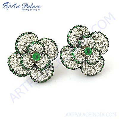 Cute Flower Style Green & White Cubic Zirconia Silver Stud Earringa