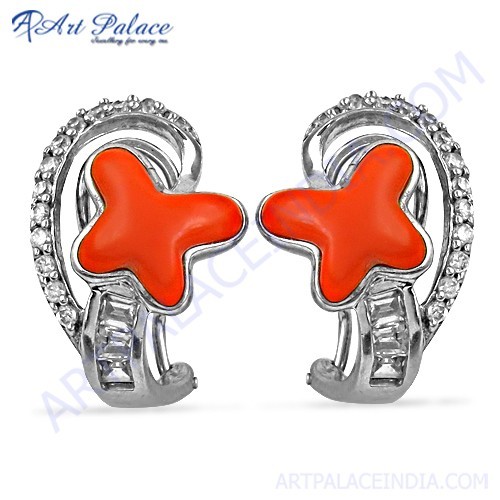 New Arrival Coral & Cubic Zirconia Gemstone Silver Earrings