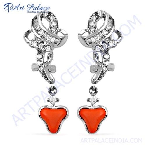 Indian Silver Earrings With Cubic Zirconia & Coral