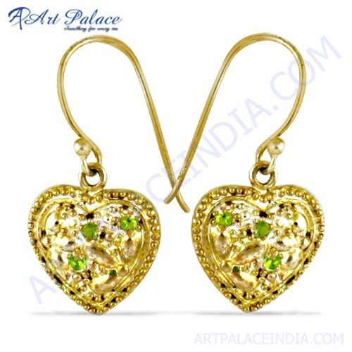 Heart Style Gold Plated Silver Earrings With Green CZ