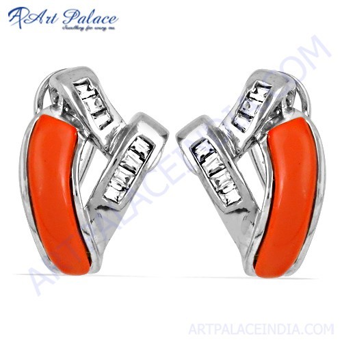 Exclusive Coral & Cubic Zirconia Gemstone Silver Earrings