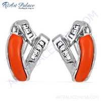 Exclusive Coral & Cubic Zirconia Gemstone Silver Earrings