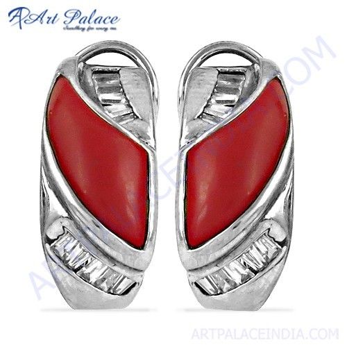 Coral & Cubic Zirconia Silver Costume Jewelry Earrings