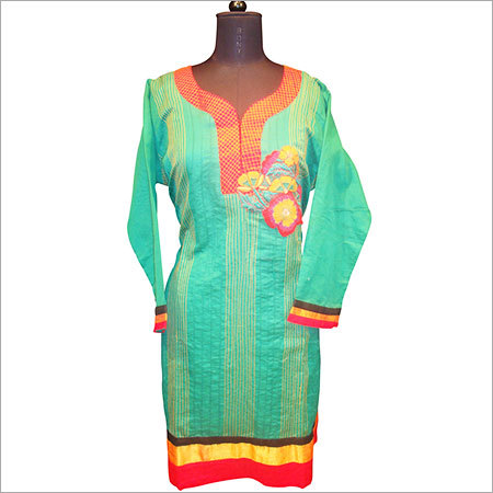 Green designer net kurti resham work