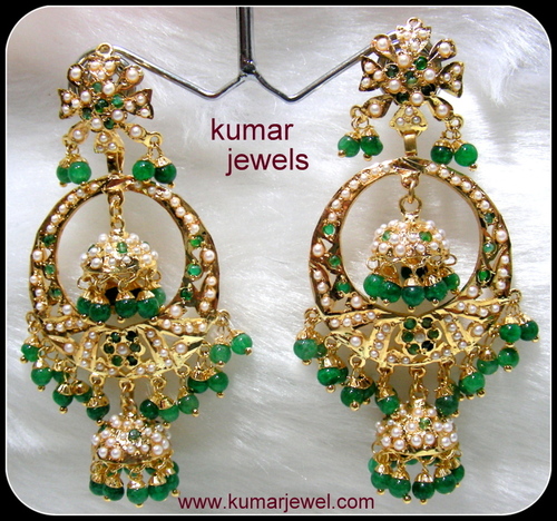 GRASSY LONG EARRING - Silver Alloy Gold Plated, 60-70 mm, Green | Emerald Gemstones, Sea Pearls, Elegant Traditional Jhumki Design