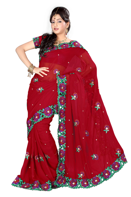 Exclusive Printed Saree - Lightweight Fabric, 5.5m X 1.1m, Red | Floral Embroidery, Vibrant Colors, Soft Fabric