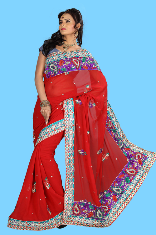 Indian Printed Designer Saree - Silk, 5.5 Meters, Red | Elegant Design, Intricate Embroidery, Vibrant Colors, Comfortable Fit