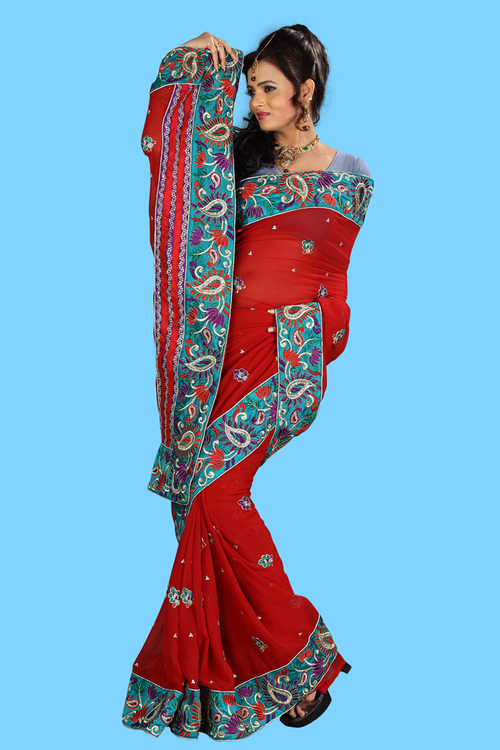 Indian Sari - Silk, 5.5 Meters, Red | Handcrafted Embroidery, Elegant Design, Soft Fabric