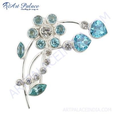 Vintage Blue Topaz & Cz Gemstone Silver Brooch 