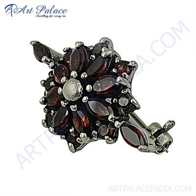 Stylish 925 Sterling Silver Flower Brooch With Garnet