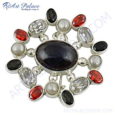 Lovely Multi Stone 925 Sterling Silver Brooch 