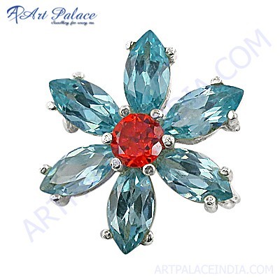 Flower Silver Brooch With Blue Topaz & Red Cubic Zirconia Gemstone
