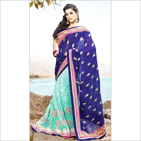 Designer Sarees - Silk Blend 5.5 Meters Blue, Zari Work Embroidery | Elegant Design, Customizable, Vibrant Colors