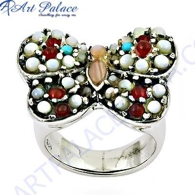 Rocking Butterfly Style Mother Of Pearl & Red Onyx Gemstone Silver Ring