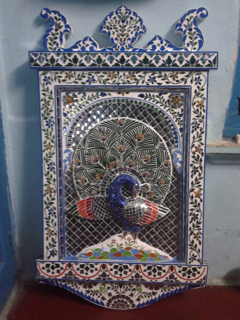 GLASS INLAY WORK ON WOOD CASTED PEACOCK 