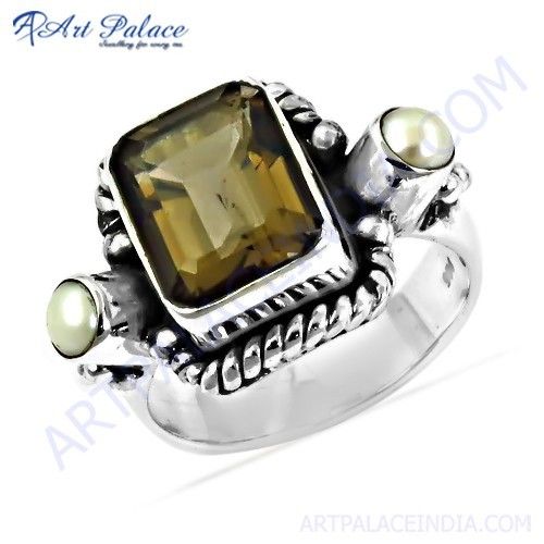 Truly Designer Pearl & Smokey Quartz Gemstone Silver Ring