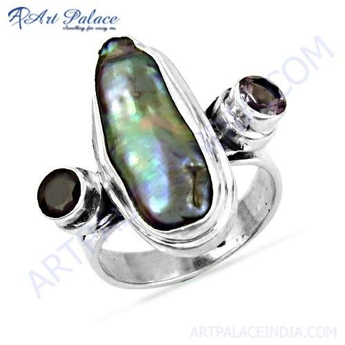 Fashion Accessories Amethyst & Black Pearl & Garnet Gemstone Silver Ring