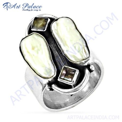 Hand Created Amethyst & Pearl & Smokey Quartz Gemstone Silver Ring,