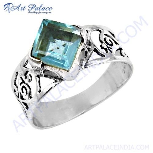 Rocking Style Blue Topaz Glass Gemstone Silver Fret Work Ring