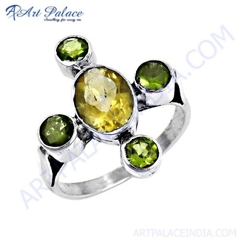 1/2CT Peridot & Diamond 5 Stone Ring 14k White Gold