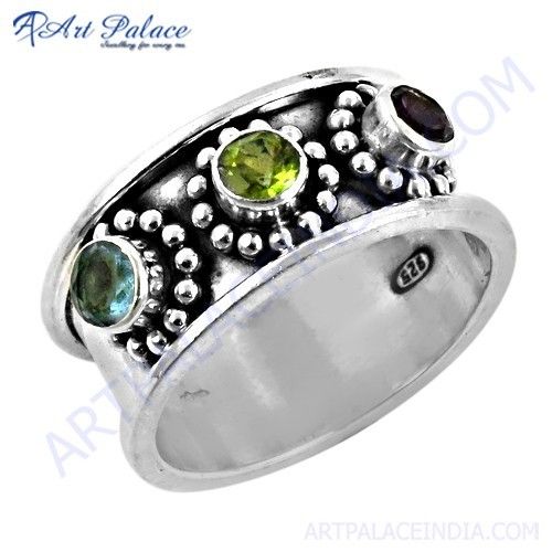 Glamours Amethyst & Blue Topaz Glass & Peridot Gemstone Silver Ring