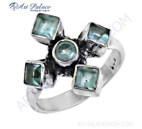 Most Fashionable Blue Topaz Glass Gemstone Silver Ring