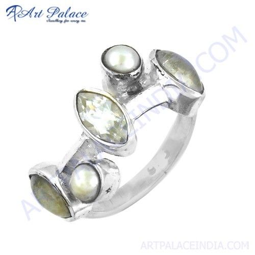 Rocking Style Cubic Zirconia & Rainbow Moonstone & White Pearl Gemstone Silver Ring