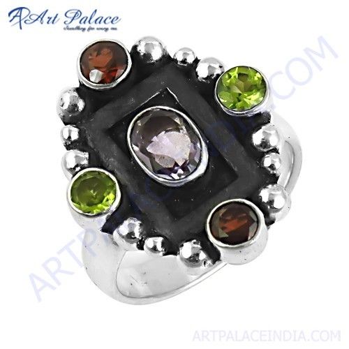 Traditional Amethyst & Garnet & Peridot Gemstone Silver Ring