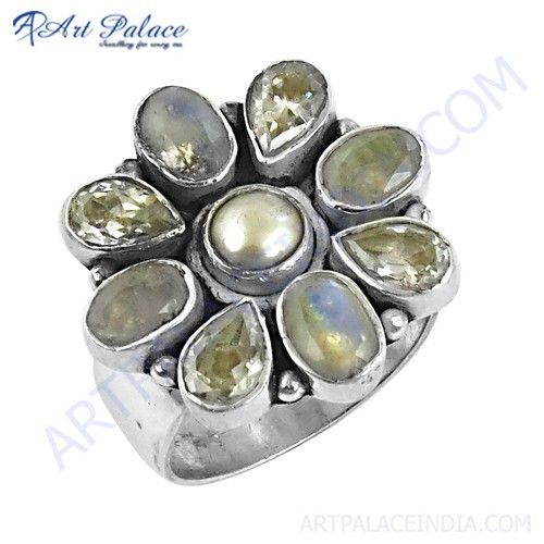 Unique Flower Style Cubic Zirconia & Pearl & Rainbow Moonstone Silver Ring