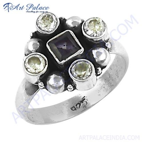 Popular Design Cubic Zirconia & Iolite Gemstone Silver Ring