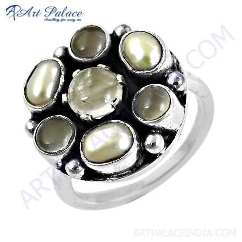 Ingenious Pearl & Rose Quartz Gemstone Silver Ring